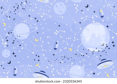 Vector flat space seamless pattern background. Cute color template with Rocket, Moon, Stars in Outer space. Infinite space.