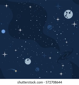 Vector flat space seamless pattern background. Cute template with Moon, Black Hole, Stars in Outer space