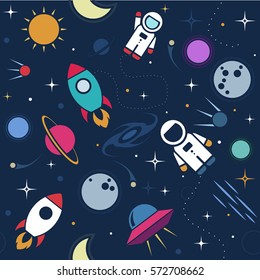 Vector flat space seamless pattern background. Cute template with Astronaut, Spaceship, Rocket, Moon, Black Hole, Stars in Outer space