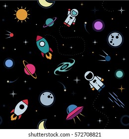 Vector flat space seamless pattern background. Cute template with Astronaut, Spaceship, Rocket, Moon, Black Hole, Stars in Outer space