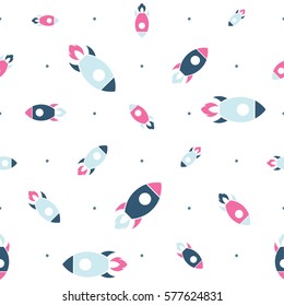 Vector flat space seamless pattern background. Cute template with Rockets for kids textile