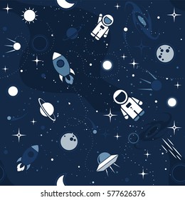 Vector flat space seamless pattern background. Cute template with Astronaut, Spaceship, Rocket, Moon, Black Hole, Stars in Outer space