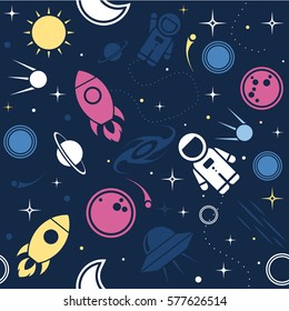 Vector flat space seamless pattern background. Cute template with Astronaut, Spaceship, Rocket, Moon, Black Hole, Stars in Outer space