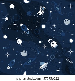 Vector flat space seamless pattern background. Cute template with Astronaut, Spaceship, Rocket, Moon, Black Hole, Stars in Outer space