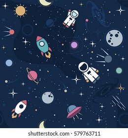Вектор плоское пространство бесшовный фон. Симпатичный цветной шаблон с космонавтом, космическим кораблем, ракетой, луной, черной дырой, звездами в космическом пространстве