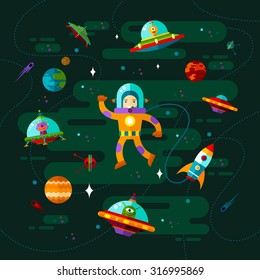 Vector flat space with ufo, astronaut and planets.