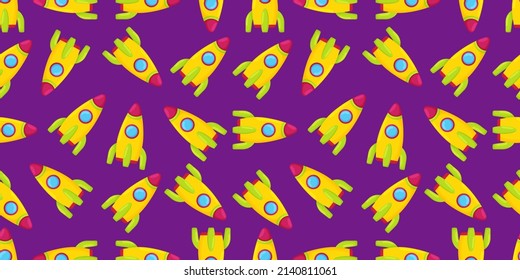 Vector flat spatial seamless background with a rocket pattern. Cute template with rockets for children's textiles