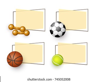 vector flat sport equipment banners set. basketball, football or soccer, tennis ball and dumbbells objects with paper banner in frame with free space for your text. illustration on orange background
