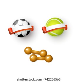 vector flat sport equipment set. Football or soccer, tennis ball with ribbon blank banners, golden dumbbells objects . Isolated illustration on a white background