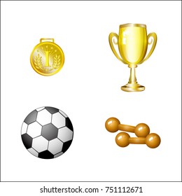 vector flat sport equipment set. Football or soccer ball ,dumbbells golden winner cup and first place medal trophy award objects . Isolated illustration on a white background
