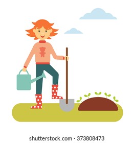 Vector flat spring concept. Red-haired girl with a shovel and a watering can makes planting in the garden