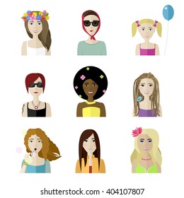 vector flat spring different female faces set