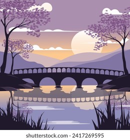 Vector flat spring or summer landscape with bridge and river at sunset. Illustration in dark gray and purple tones.
