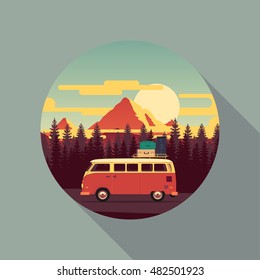 Vector flat square banner on theme road trip, adventure, trailering, outdoor recreation, adventures in nature, vacation. Modern flat design. Time to travel 