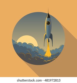 Vector flat square banner with rocket launch mountains and sun. Icon design 