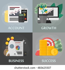 Vector flat square banners of account, growth, business and success. Concept of marketing, commerce, banking, finance and economy. Set of isolated business elements in flat design.