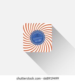 Vector flat square icon of Happy Independence Day with curved red rays and round blue label on the white background and long shadow.
