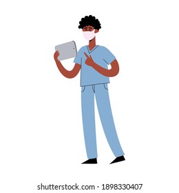 Vector flat standing African male nurse in mask with tablet isolated on white. Male medical character design can be used for poster, hospital website, magazine.