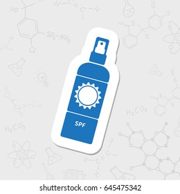 Vector flat sticker bottle with solar protection on white background 