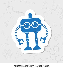 Vector flat sticker retro robot toy icon on white background 