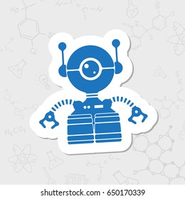 Vector flat sticker retro robot toy icon on white background 