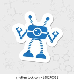 Vector flat sticker retro robot toy icon on white background 