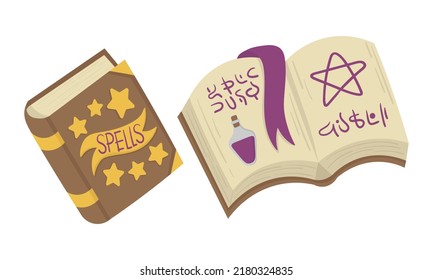 Vector flat sticker set. Magic witch book of spells. All objects have been repainted.