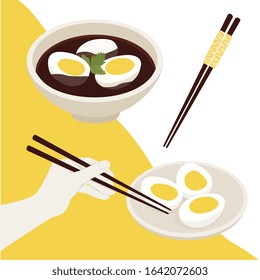 Vector flat stock set of traditional korean food dishes. Chopstick and men hand. Isolated elements eggs on plate, eggs with soy sauce