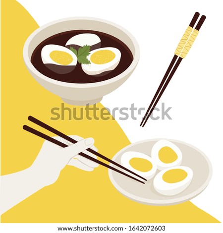 Vector flat stock set of traditional korean food dishes. Chopstick and men hand. Isolated elements eggs on plate, eggs with soy sauce