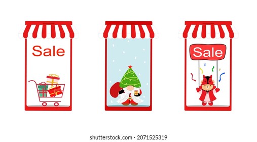 Vector - Flat store online. Cart, Gnome, and bear on X'mas screen Smartmobile. Simple style. Business concept. Can be use decoration on advertising, banner, brochure. Boxing, Christmas, New year.