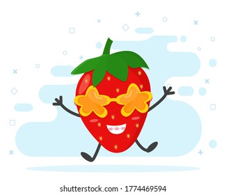 
Vector Flat Strawberry Illustration, Cute Character Expression of Emotion on a Beautiful Background, Minimal Style, Raw Fresh Fruit, Mascot Product. 