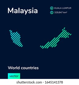 Vector flat striped map of Malaysia in green colors on the dark blue background