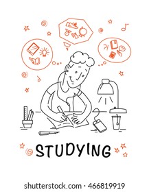 Vector flat studying boy illustration. School icons set isolated. Contour drawing. Doodle style. Hand drawn boy portrait. Pupil doing home task. Back to school illustration. Cheerful student character
