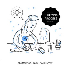 Vector flat studying boy illustration. School icons set isolated. Contour drawing. Doodle style. Hand drawn boy portrait. Pupil doing home task. Back to school illustration. Cheerful student character