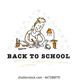 Vector flat studying boy illustration. School icons set isolated. Contour drawing. Doodle style. Hand drawn boy portrait. Pupil doing home task. Back to school illustration. Cheerful student character