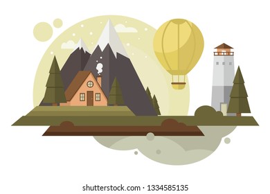 Vector flat style. Adventure travel. Summer vacation: village landscape, house in mountains, river, sea, waterfall, forest. 