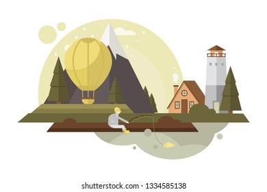 Vector flat style. Adventure travel. Summer vacation: village landscape, house in mountains, river, sea, waterfall, forest. 
