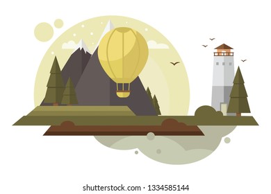 Vector flat style. Adventure travel. Summer vacation: village landscape, house in mountains, river, sea, waterfall, forest. 