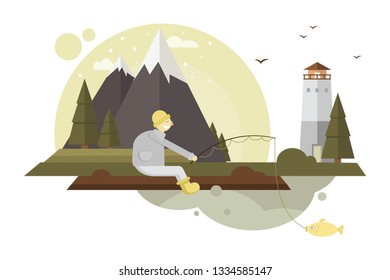 Vector flat style. Adventure travel. Summer vacation: village landscape, house in mountains, river, sea, waterfall, forest. 