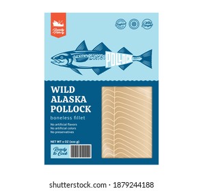 Vector flat style alaska pollock packaging design concept. Alaska pollock fillet in a package isolated on a white background