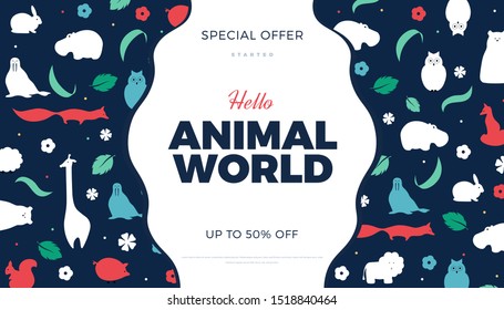 Vector flat style animals design abstract banner background. Cute panoramic illustration template with fox, giraffe, hippo, polar bear, squirrel, rabbit