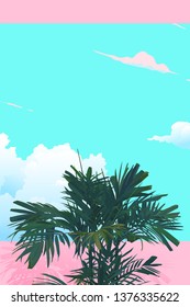 Vector flat style of Areca palm tree. isolate on pastel pink and blue summer sky background. nostalgic\ emotion \ aesthetic feeling