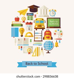 Vector Flat Style Back to School and Education Objects Concept. Flat Design Vector Illustration. Collection of Education and Graduation Colorful Objects. Set of School University and Learning Items. 