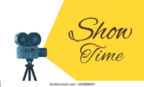 Vector flat style background with retro movie camera.