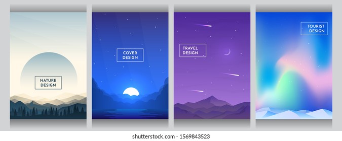 Vector flat style background set  Abstract gradient landscape  Covers  posters  brochures  vouchers design  Sunset forest   mountains  moon light behind clouds near water  night Himalayas  aurora  