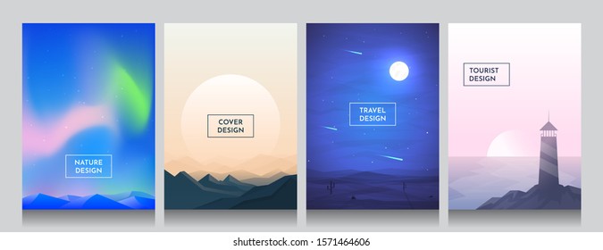 Vector flat style background set  Abstract cover  Gradient poster  Polar light  Himalaya mountains  night desert   lighthouse near water  A4 landscape  UI polygonal futuristic design concept  