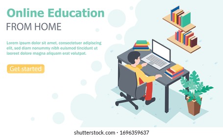 Vector flat style banner online education from home. Student sitting at the desk with laptop and pile of books on it and of the shelves. 