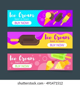 Vector flat style banners with ice cream. Template for flyers,posters, invitations, brochure.