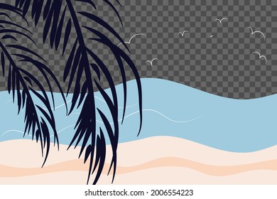 Vector, flat style. Beach, waves, flock of birds, palm branch, close-up on a transparent background. Water extreme sports, travel, summer vacation concept, tourism, summer vacation, healthy lifestyle.