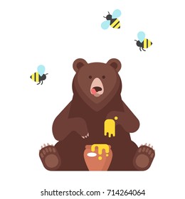 Vector flat style bear character eating sweet honey. Isolated on white background.